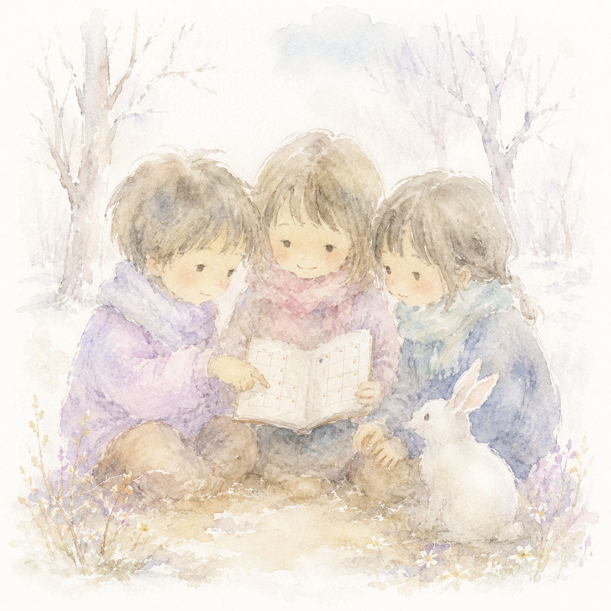 Children reading together, with a little rabbit